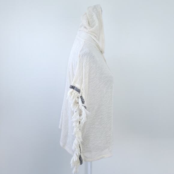Lily White Poncho Knit Top Small Hooded Cream & Black Trim, Fringe Boho Festival - Picture 3 of 7